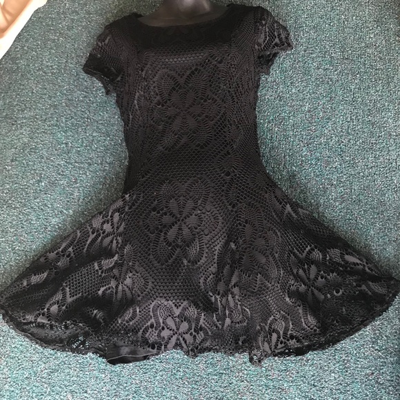 Flouncy Black Mini Dress with Lace Overlay - Picture 2 of 7